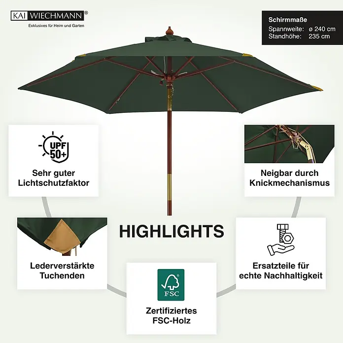 Kai Wiechmann Marktschirm Balkonschirm 240 cm Grün neigbar - Grün|Dunkelgrün - Grüner Gartenschirm mit Holzstange, UPF 50+ Sonnenschutz, neigbar, aus FSC-zertifiziertem Holz. Ø 240cm, H 235cm.