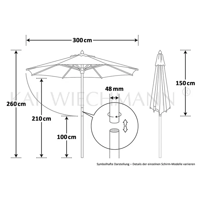Kai Wiechmann Marktschirm Sunshine Style 300 cm Anthrazit - Grau|Anthrazit - Maße eines Gartenschirms: 300 cm Durchmesser, 260 cm Höhe offen, 150 cm Höhe geschlossen, 48 mm Mastdurchmesser.