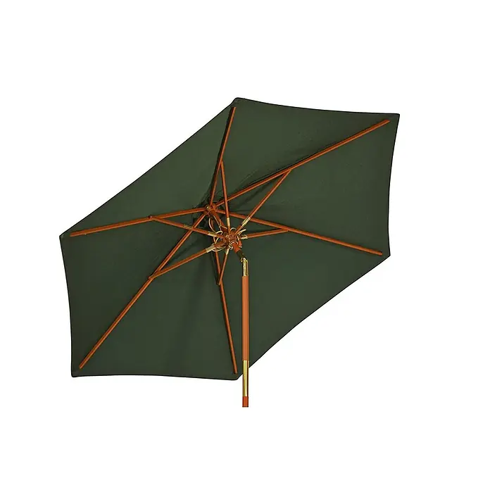 Kai Wiechmann Marktschirm Balkonschirm 240 cm Grün neigbar - Grün|Dunkelgrün - Dunkelgrüner quadratischer Sonnenschirm mit sichtbarem Holzrahmen und Stange, von unten gesehen.