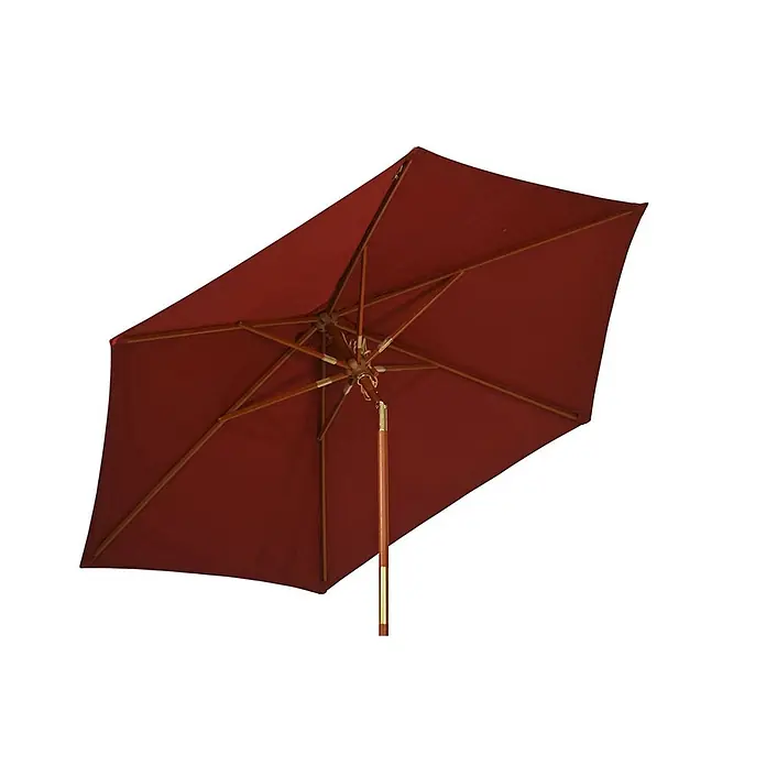 Kai Wiechmann Marktschirm Balkonschirm 240 cm Rot mit Kippmechanismus - Rot|Bordeaux|Bordeauxrot|Weinrot - Roter rechteckiger Terrassenschirm mit Holzrahmen und -stange, von unten gesehen.