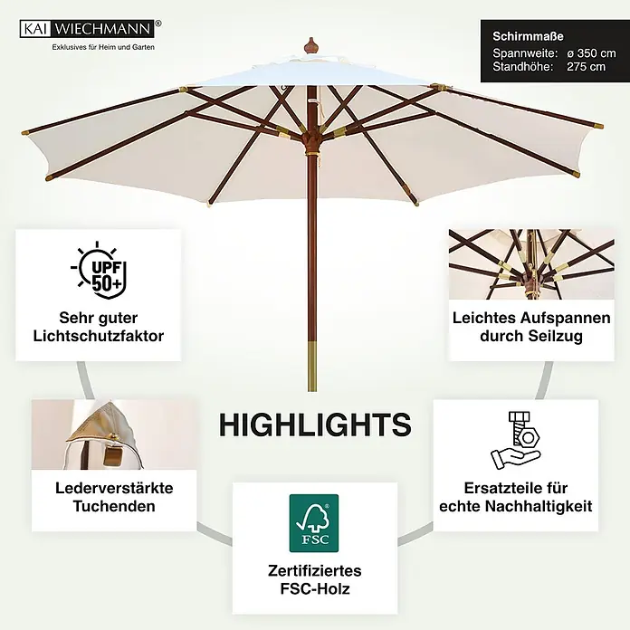 Kai Wiechmann Marktschirm Sunshine 350 cm Weiß - Weiß|Altweiß|Ecru|Natur|Beige|Creme - Ein weißer Sonnenschirm mit Holzstange und Gestell, mit UPF 50+ Schutz und FSC-zertifiziertem Holz.
