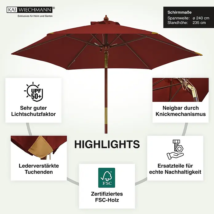 Kai Wiechmann Marktschirm Balkonschirm 240 cm Rot mit Kippmechanismus - Rot|Bordeaux|Bordeauxrot|Weinrot - Roter Sonnenschirm mit Holzstiel. Bietet UPF 50+ Sonnenschutz, Neigemechanismus und verstärkten Stoff, hergestellt aus FSC-zertifiziertem Holz.