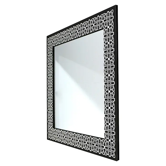 Espejo de pared Damasco - 70 x 70 cm, Negro/Plateado - Espejo rectangular negro con un intrincado patrón geométrico blanco en el marco.