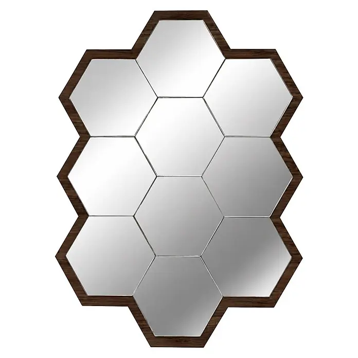 Espejo de pared Panal - 50 x 70 cm, Tabaco - Espejo hexagonal con marco de madera oscura, compuesto por múltiples baldosas de espejo hexagonales.