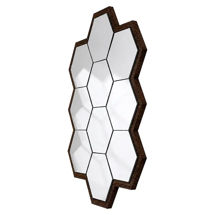 Espejo de pared Panal - 50 x 70 cm, Tabaco - Espejo con paneles hexagonales y marco de madera oscura.