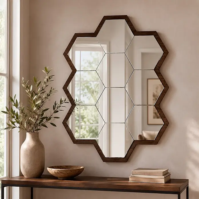 Espejo de pared Panal - 50 x 70 cm, Tabaco - Espejo hexagonal con marco de madera oscura, compuesto por paneles hexagonales más pequeños, sobre una mesa consola.