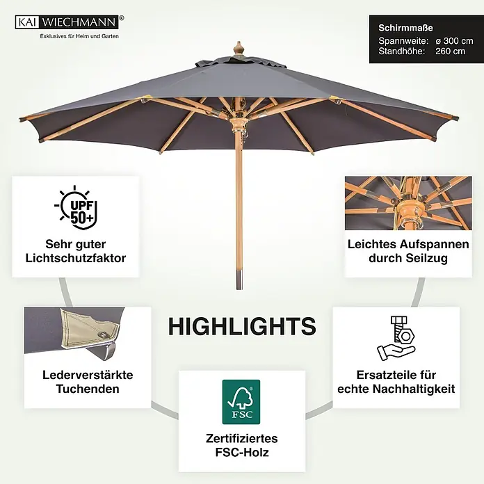 Kai Wiechmann Marktschirm Sunshine Style 300 cm Anthrazit - Grau|Anthrazit - Ein grauer Sonnenschirm mit Holzgestell und -stange, ideal für den Garten.