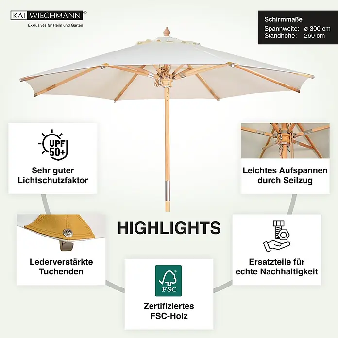 Kai Wiechmann Marktschirm Sunshine Style 300 cm Weiß - Weiß|Altweiß|Ecru|Natur|Beige|Creme - Cremefarbener Sonnenschirm mit Holzgestell, UPF 50+ Sonnenschutz, Seilzugöffnung, FSC-Holz und lederverstärkten Tuchspitzen.