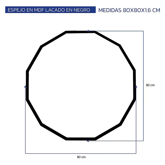 Espejo de pared Octans - Diámetro: 80 cm, Negro - Espejo dodecagonal de MDF lacado en negro, 80x80x1,6 cm.