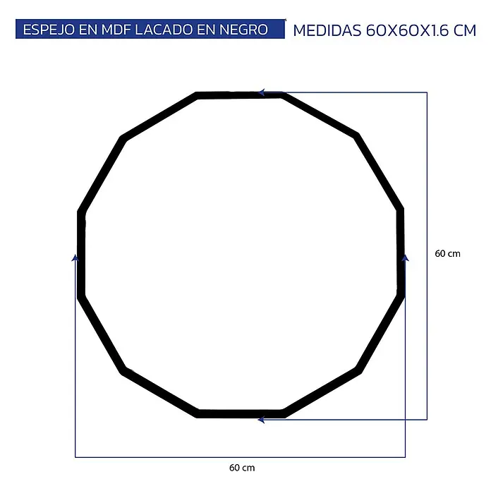 Espejo de pared Octans - Diámetro: 60 cm, Negro - Espejo dodecagonal negro de MDF lacado, medidas 60x60x1.6 cm.