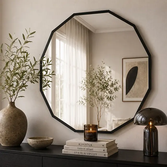 Espejo de pared Octans - Diámetro: 80 cm, Negro - Espejo octogonal con marco negro que refleja un interior, montado sobre una consola oscura.