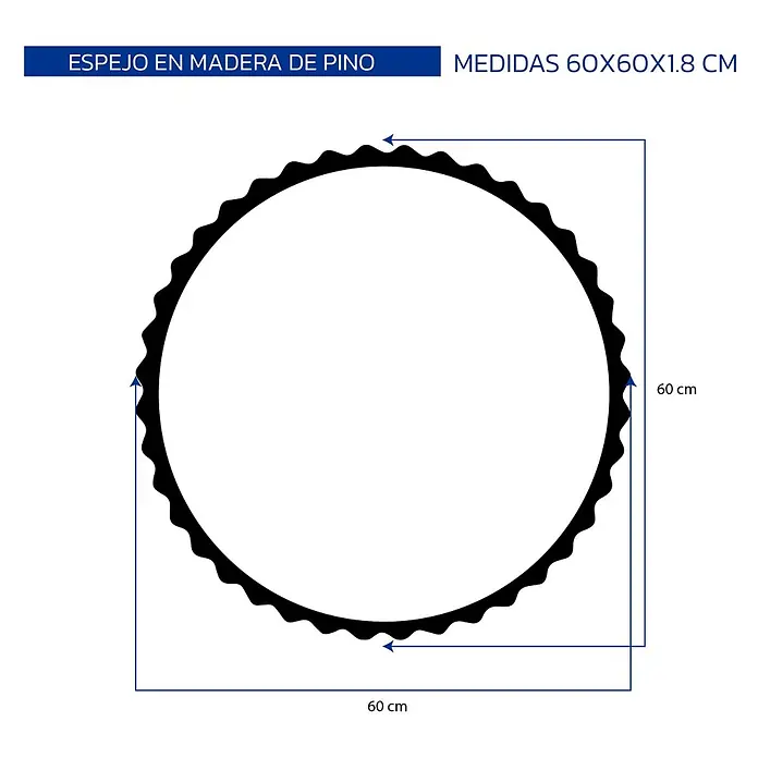 Espejo de pared Orbital - Diámetro: 60 cm, Tabaco - Espejo redondo de madera de pino con borde ondulado, 60x60x1.8 cm.