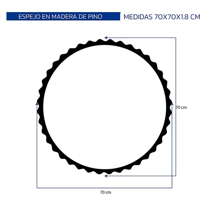 Espejo de pared Orbital - Diámetro: 70 cm, Tabaco - Espejo redondo de madera de pino con borde ondulado, 70x70x1.8 cm.