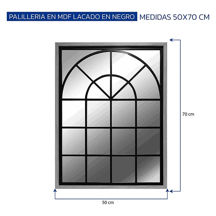 Espejo de pared Window - 50 x 70 cm, Negro/Roble - Espejo rectangular con marco gris y celosía de MDF lacado en negro, diseño ventana, 50x70 cm.