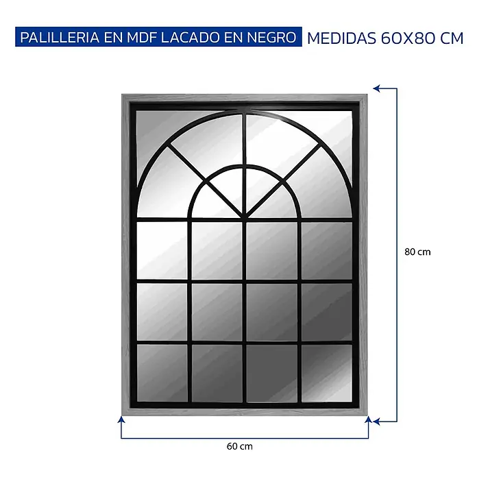 Espejo de pared Window - 60 x 80 cm, Negro/Roble - Espejo de MDF lacado negro con palillería decorativa arqueada, 60x80 cm.
