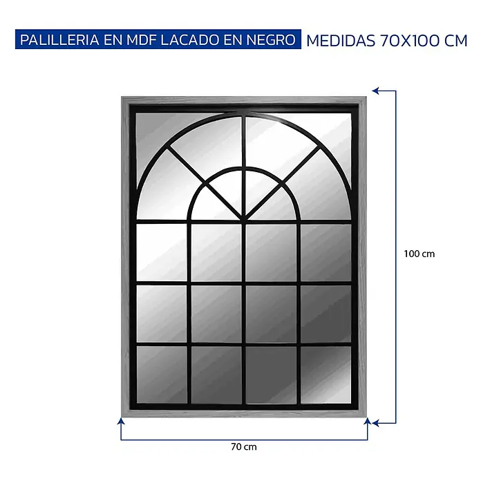 Espejo de pared Window - 70 x 100 cm, Negro/Roble - Espejo con marco de MDF negro, 70x100 cm, con parte superior arqueada y diseño de rejilla.