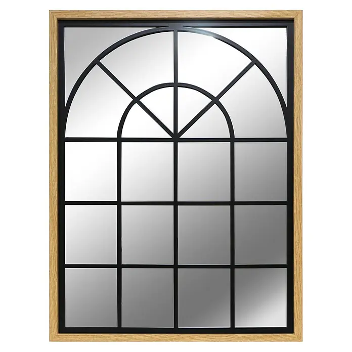 Espejo de pared Window - 50 x 70 cm, Negro/Roble - Espejo arqueado con rejilla de metal negro y marco de madera clara.