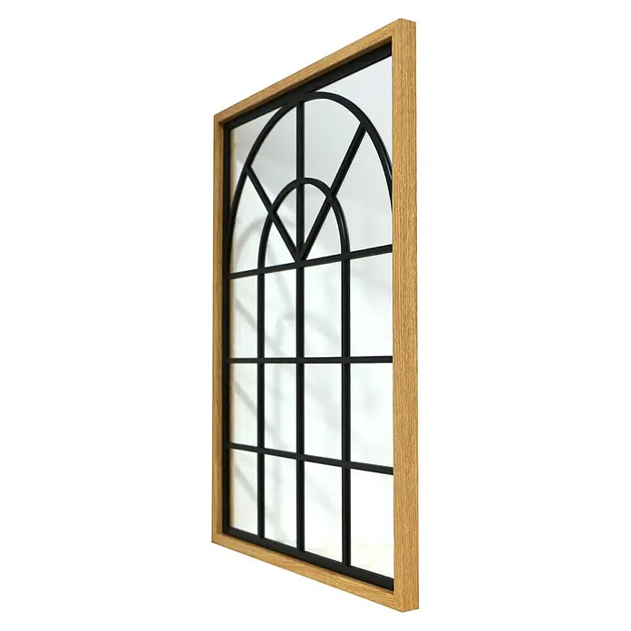 Espejo de pared Window - 50 x 70 cm, Negro/Roble - Espejo estilo ventana de arco con marco de madera natural y rejas metálicas negras.