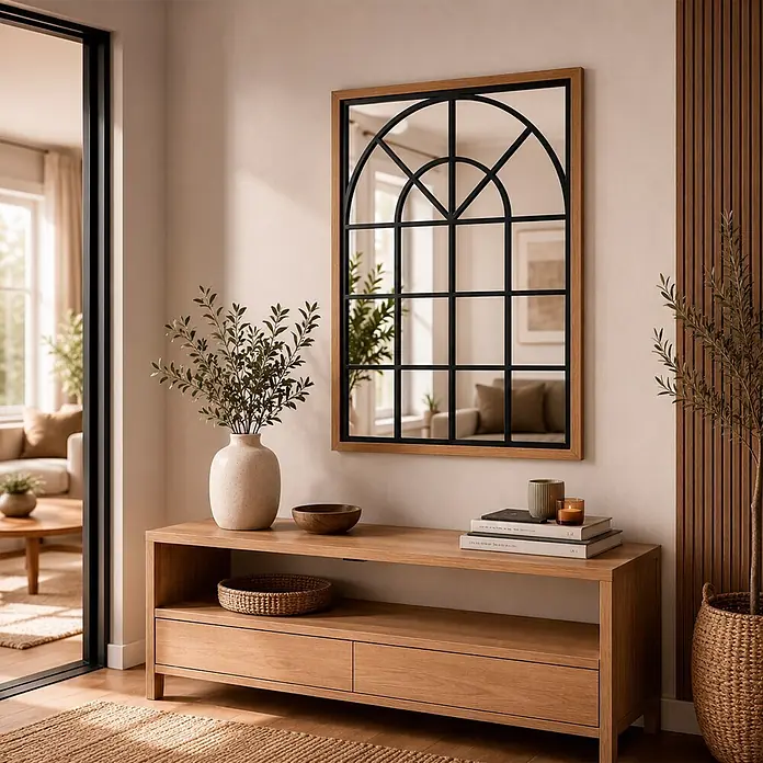 Espejo de pared Window - 50 x 70 cm, Negro/Roble - Consola de madera clara con cajones, estante abierto y elementos decorativos en una entrada.