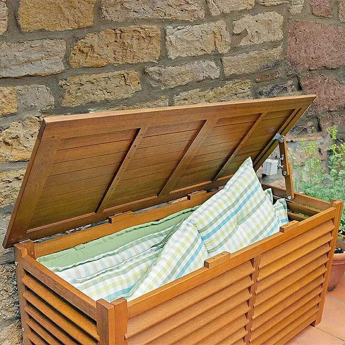 Sunfun Diana Garten-Aufbewahrungsbox - Braun, 127 x 51 x 62 cm, Holz - Dieser vielseitige Holz-Außenlagercontainer bietet viel Stauraum für Kissen und Gartengeräte und hält diese ordentlich und trocken.
