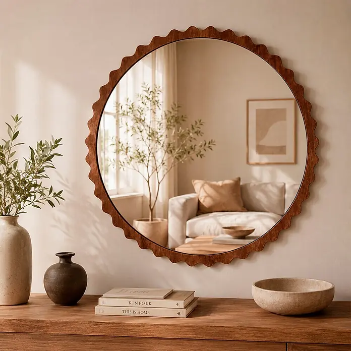 Espejo de pared Orbital - Diámetro: 80 cm, Nogal - Espejo redondo con marco ondulado de madera oscura, que refleja una sala de estar, colocado sobre una consola con decoración.