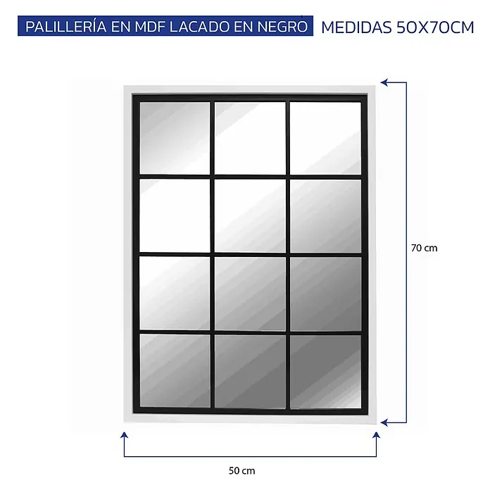 Espejo de pared Loft - 50 x 70 cm, Negro/Blanco - Espejo de pared con rejilla de MDF lacado negro, 50x70 cm.