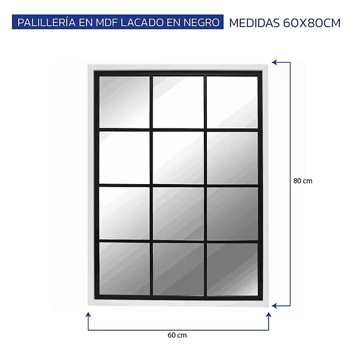 Espejo de pared Loft - 60 x 80 cm, Negro/Blanco - Espejo de MDF lacado negro con diseño de palillería, 60x80 cm.