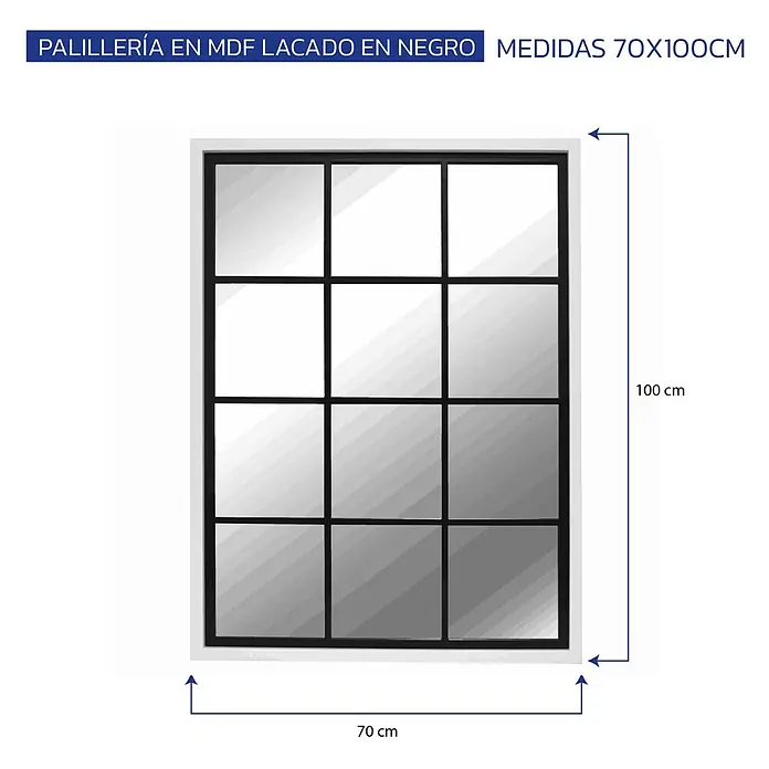 Espejo de pared Loft - 70 x 100 cm, Negro/Blanco - Espejo palillería en MDF lacado negro, 70x100cm.