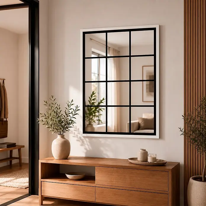 Espejo de pared Loft - 50 x 70 cm, Negro/Blanco - Espejo de rejilla con marco blanco sobre una mesa consola de madera clara en una entrada.