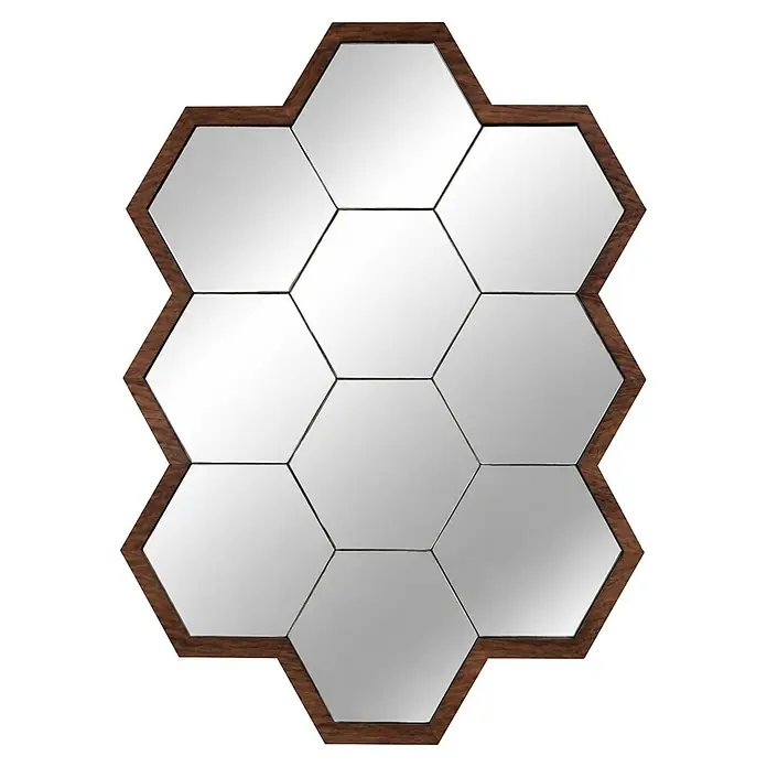 Espejo de pared Panal - 50 x 70 cm, Nogal - Espejo hexagonal compuesto por múltiples paneles hexagonales dentro de un marco de madera oscura.