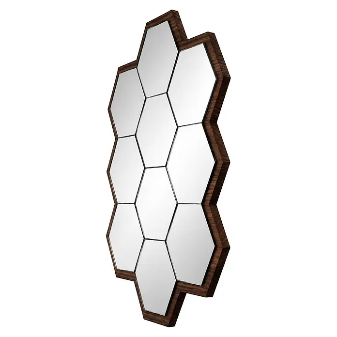 Espejo de pared Panal - 50 x 70 cm, Nogal - Espejo decorativo con múltiples paneles hexagonales en un marco de madera oscura en zig-zag.