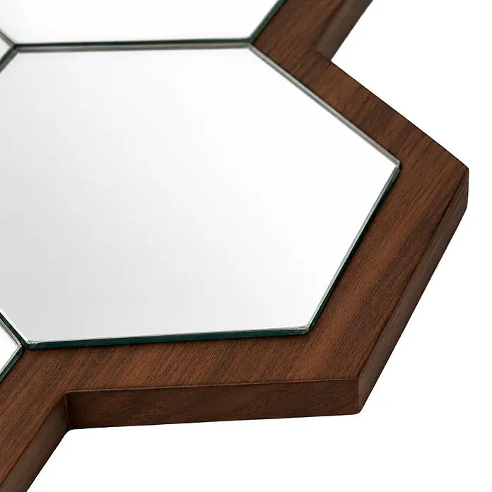 Espejo de pared Panal - 50 x 70 cm, Nogal - Espejo hexagonal con marco de madera marrón oscuro.