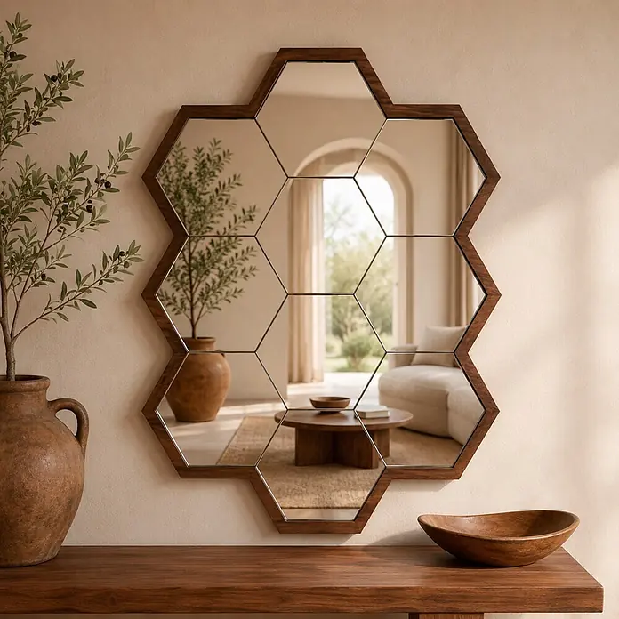 Espejo de pared Panal - 50 x 70 cm, Nogal - Espejo hexagonal con marco de madera oscura que refleja una sala de estar, sobre una mesa consola de madera con plantas y un cuenco.