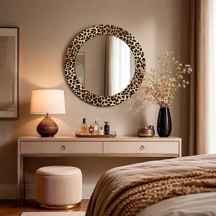 Espejo de pared Safari - Diámetro: 80 cm, Amarillo/Negro - Espejo redondo con marco de estampado de leopardo sobre un tocador en un dormitorio.