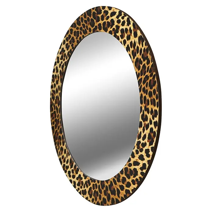 Espejo de pared Safari - Diámetro: 80 cm, Amarillo/Negro - Espejo ovalado con marco de estampado de leopardo.