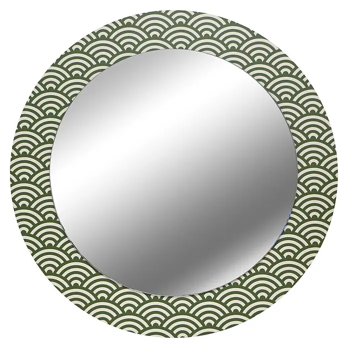 Espejo de pared Kioto - Diámetro: 80 cm, Verde/Blanco - Espejo redondo con marco de patrón de olas japonesas verde y blanco.