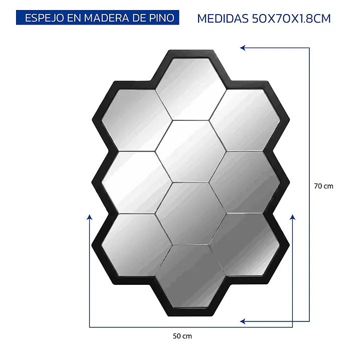 Espejo de pared Panal - 50 x 70 cm, Nogal - Espejo hexagonal de madera de pino, 50x70x1,8 cm, con nueve paneles reflectantes y un marco oscuro.