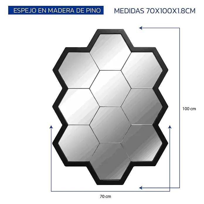 Espejo de pared Panal - 70 x 100 cm, Roble - Espejo hexagonal de madera de pino, 70x100x1.8 cm, compuesto por varias piezas de espejo.