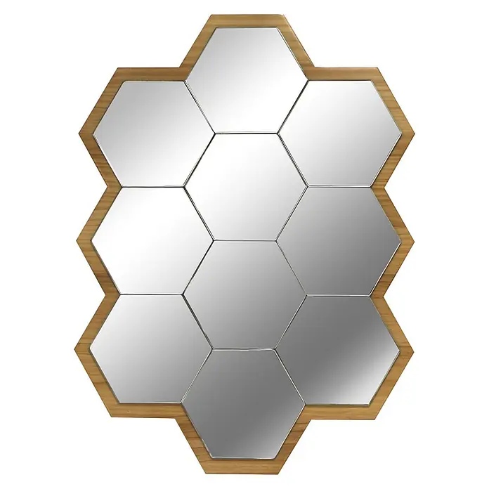 Espejo de pared Panal - 60 x 80 cm, Roble - Espejo hexagonal compuesto por múltiples paneles de espejo en un marco de madera clara.