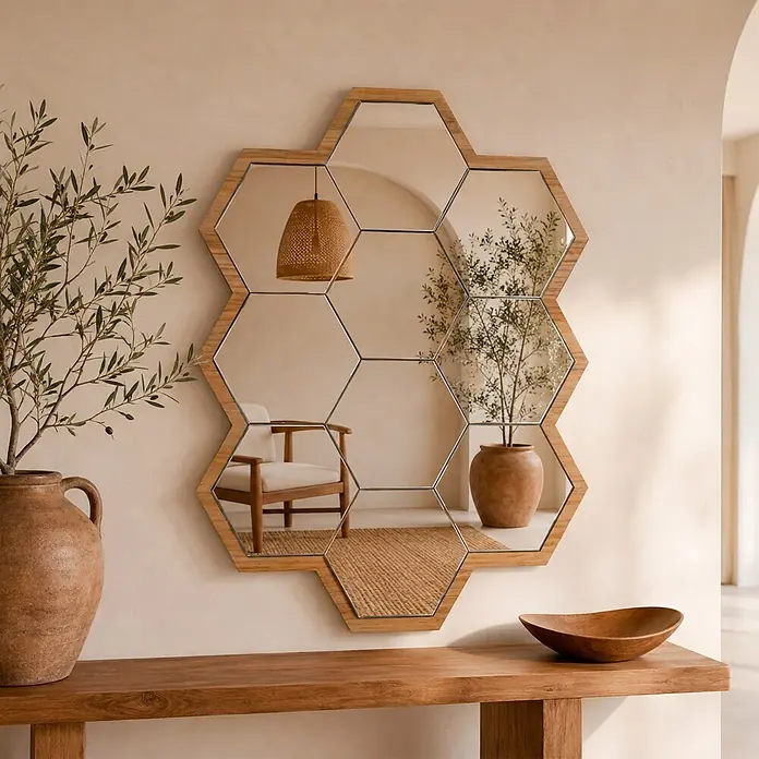 Espejo de pared Panal - 60 x 80 cm, Roble - Espejo hexagonal con marco de madera sobre mesa de madera, reflejando habitación con plantas y lámpara tejida.
