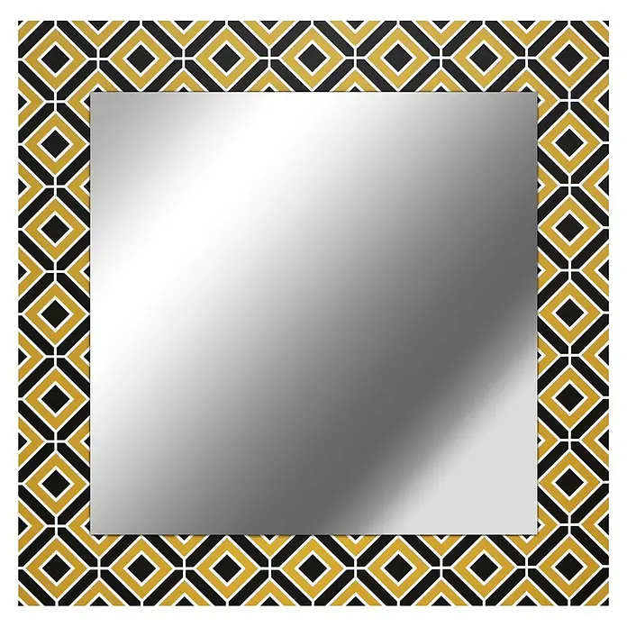 Espejo de pared Retro - 60 x 60 cm, Amarillo/Negro - Espejo cuadrado con marco de patrón geométrico negro, dorado y blanco.
