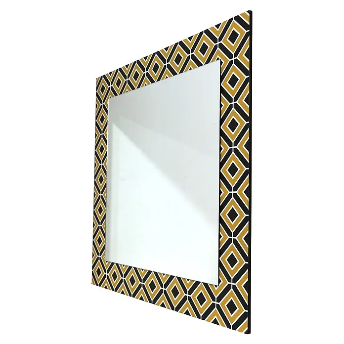 Espejo de pared Retro - 60 x 60 cm, Amarillo/Negro - Espejo rectangular con marco de patrón geométrico negro, dorado y blanco.