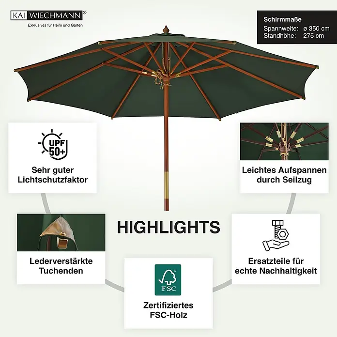 Kai Wiechmann Marktschirm Sunshine 350 cm Dunkelgrün - Grün|Dunkelgrün - Dunkelgrüner Holz-Sonnenschirm, hervorhebend UPF 50+ Sonnenschutz und FSC-zertifiziertes Holz.