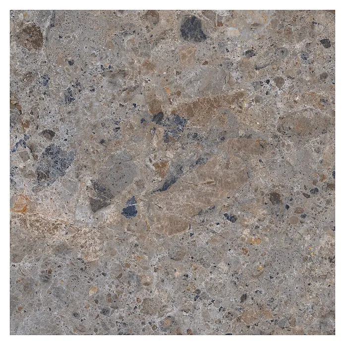 Feinsteinzeugfliese Vogue - 60 x 60 cm, Grey, Matt - Graue und braune Natursteinfliese mit vielfältigen Einschlüssen und weißer Maserung.