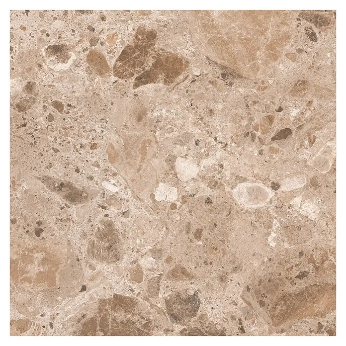 Feinsteinzeugfliese Vogue - 60 x 60 cm, Brown, Matt - Helle braune Natursteinfliese mit unregelmäßigen dunkelbraunen und weißen Mustern.