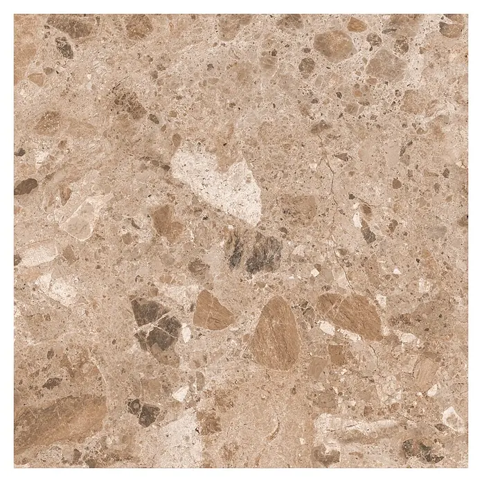Feinsteinzeugfliese Vogue - 60 x 60 cm, Brown, Matt - Braune gesprenkelte Fliese in Marmoroptik mit unregelmäßigen hellen und dunklen Steineinschlüssen.