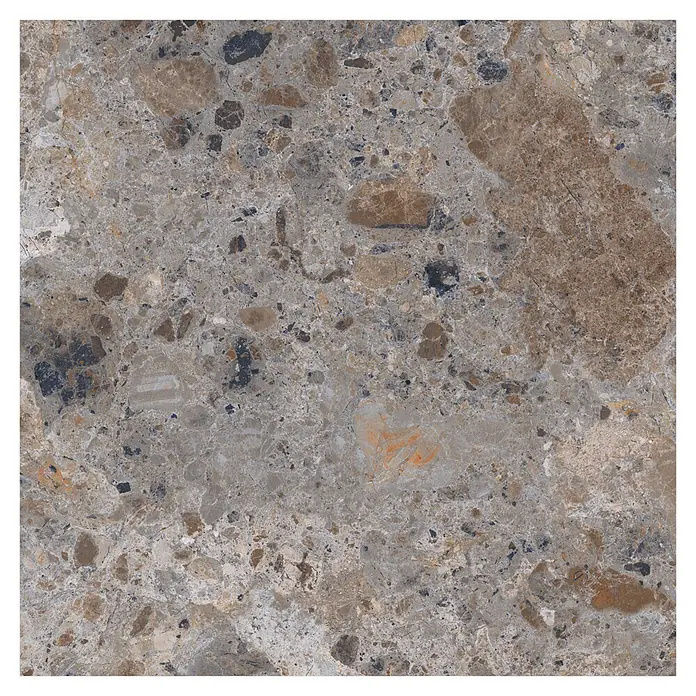 Feinsteinzeugfliese Vogue - 60 x 60 cm, Grey, Matt - Geflammte grau-braune Natursteinplatte mit unterschiedlichen Einschlüssen und feinen Adern.