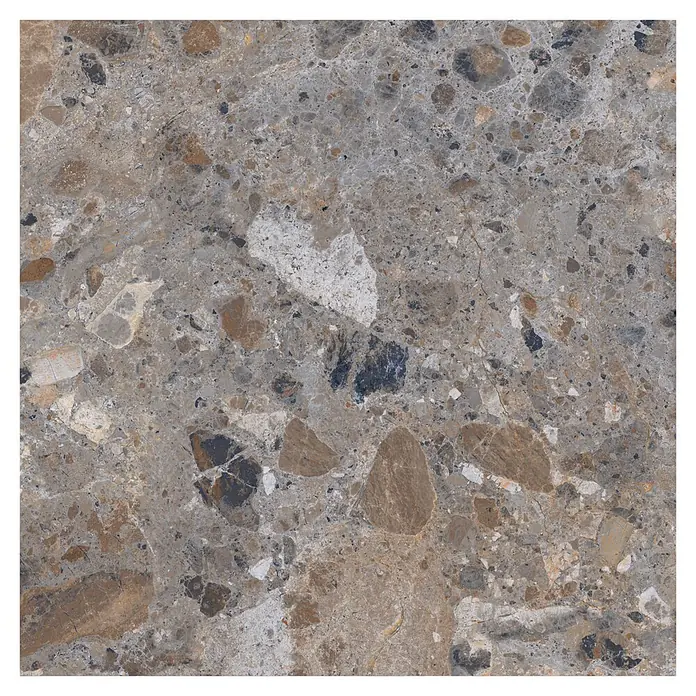 Feinsteinzeugfliese Vogue - 60 x 60 cm, Grey, Matt - Dunkelgraue Terrazzo-Fliese mit braunen, schwarzen und weißen Einschlüssen.