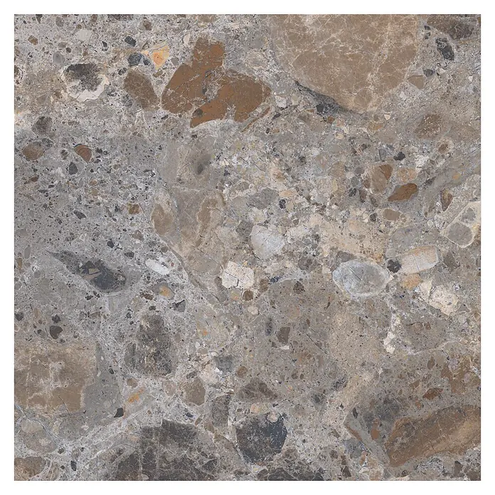 Feinsteinzeugfliese Vogue - 60 x 60 cm, Grey, Matt - Strukturierte grau-braune Verbundsteinfliese mit unregelmäßigen Mustern.
