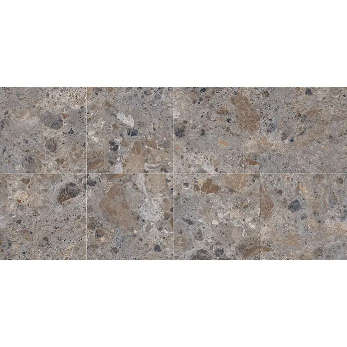 Feinsteinzeugfliese Vogue - 60 x 60 cm, Grey, Matt - Graue Fliesen im Terrazzo-Look mit vielfältigen braunen, schwarzen und weißen Gesteinskörnungen.